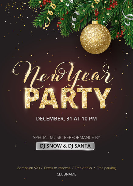 新年派对海报。闪闪发光的派对文本。新年书法。装饰过的圣诞树框架。金色闪亮的闪光球图片下载