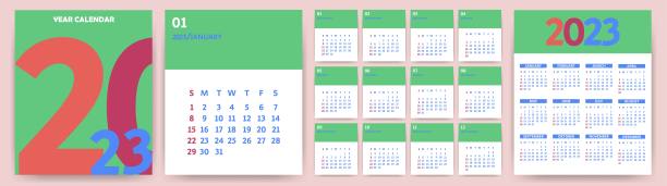 2023年日历。2023年的月历模板。这周从星期天开始。日历设计在绿色，红色，蓝色的颜色。向量图片下载