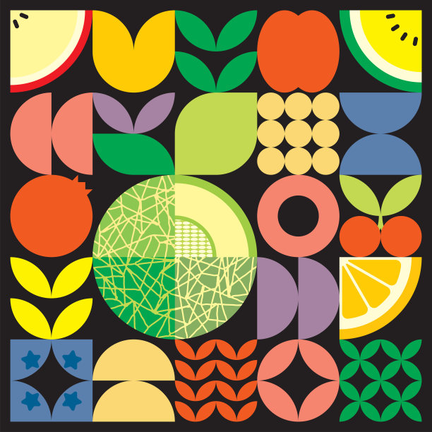 几何夏天新鲜水果切艺术海报与色彩斑斓的简单形状。斯堪的纳维亚风格的平面抽象矢量图案设计。黑色背景上的绿色甜瓜的极简插画。图片下载