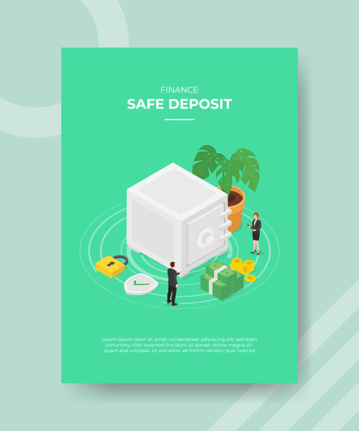 金融安全存款的人男人女人站在金库银行钱挂锁盾厂模板传单和打印横幅封面等距3d平面风格图片下载