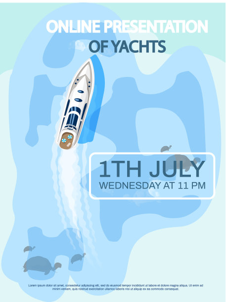 蓝海游艇在线展示，广告海报与帆船漂浮在海洋图片下载