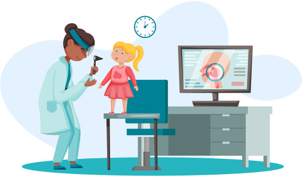 耳科医生与病人交谈。耳鼻喉科保健医学或耳鼻喉科疾病图片下载