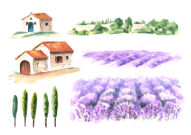 薰衣草田元素集，普罗旺斯夏季景观。欢迎使用法国卡概念。手绘水彩插图孤立的白色背景图片下载