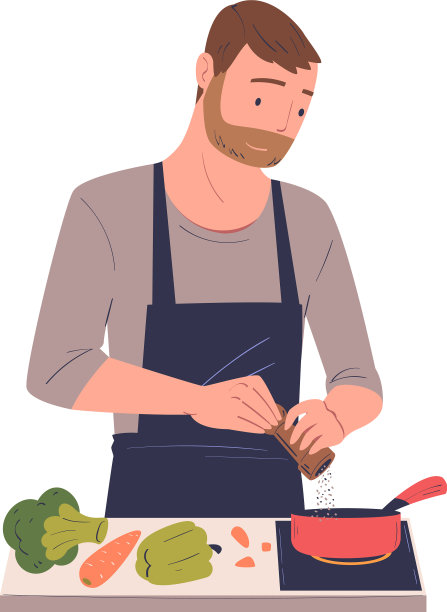 大胡子男人在家里站着做饭图片下载