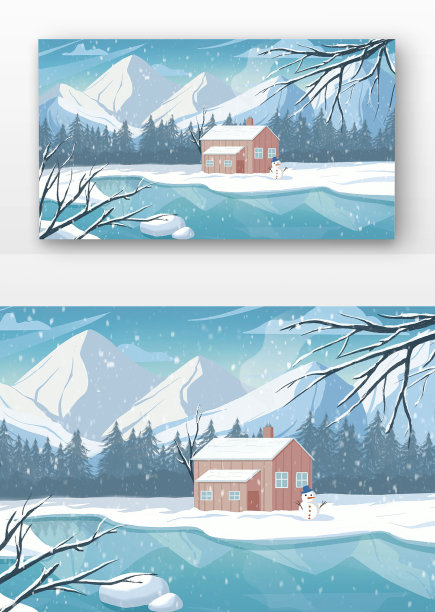 写实唯美冬天远景小屋风景图片下载