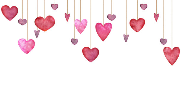 水彩手绘无缝横幅悬挂红色和紫色的心形情人节。孤立的白色背景。设计纸张，爱情，贺卡，纺织品，印花，壁纸，婚礼图片下载