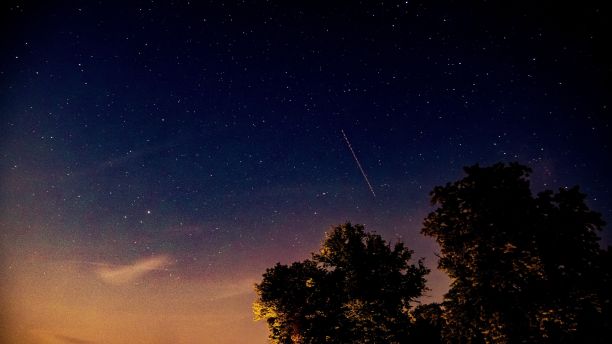 五颜六色的夜空与发光的星星和光痕迹从一架飞机在绿色的树木图片下载