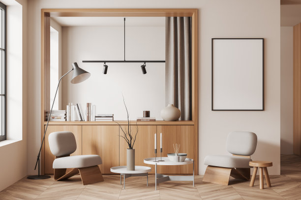 时尚的客厅内部座椅和抽屉与装饰，模型框架图片下载