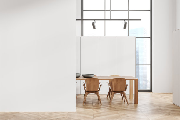 浅色办公室室内设有板、柜和全景窗。模型墙图片下载