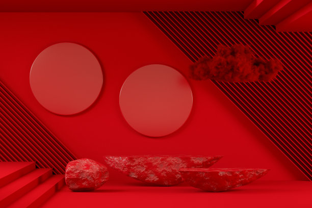 空白红色岩石混凝土讲台，台座，展台，展览舞台，产品展示红色背景新年圣诞色彩图片下载