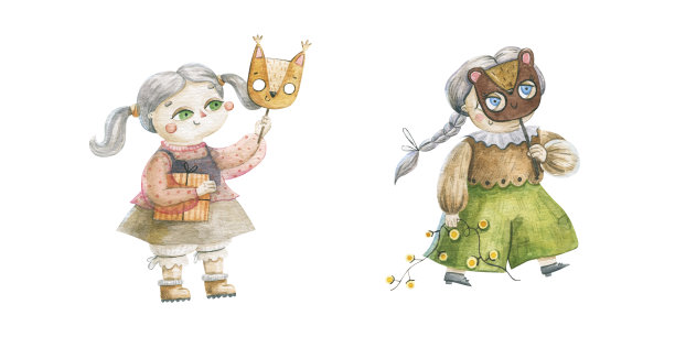 可爱的幼稚水彩插图与儿童在狂欢节服装，新年和圣诞节水彩艺术，设计和印刷图片下载