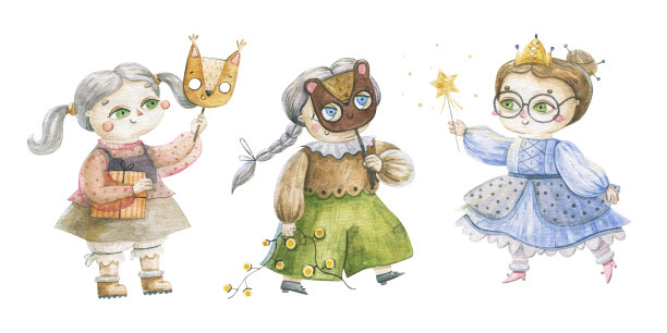 可爱的幼稚水彩插图与儿童在狂欢节服装，新年和圣诞节水彩艺术，设计和印刷图片下载