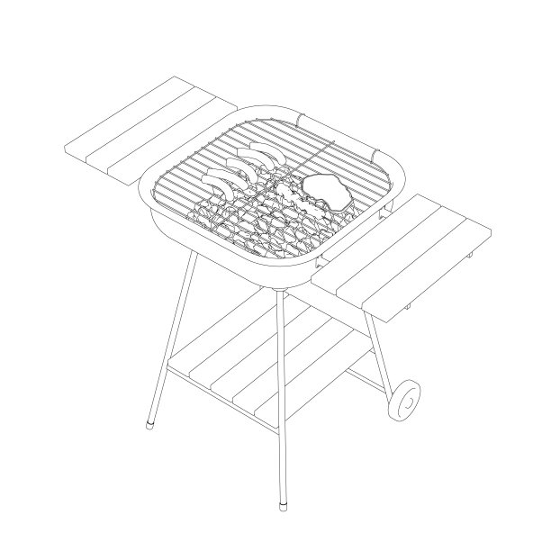 火盆的轮廓与肉和香肠从黑色线孤立在白色背景。等距视图。3 d。矢量插图。图片下载