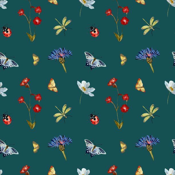 昆虫花雏菊绿松石图案水彩画图片下载