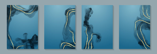 水彩背景与抽象的蓝色墨水波浪和金色曲线。图片下载