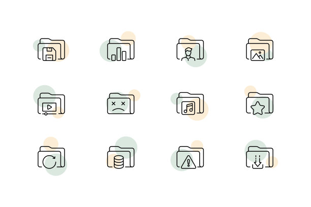 文件夹集图标。创建，文件夹，警告，数据集，删除，配置，保护，收藏夹，播放器，画廊，下载，付费信息，图像，喜欢。网络的概念。矢量线图标的业务图片下载