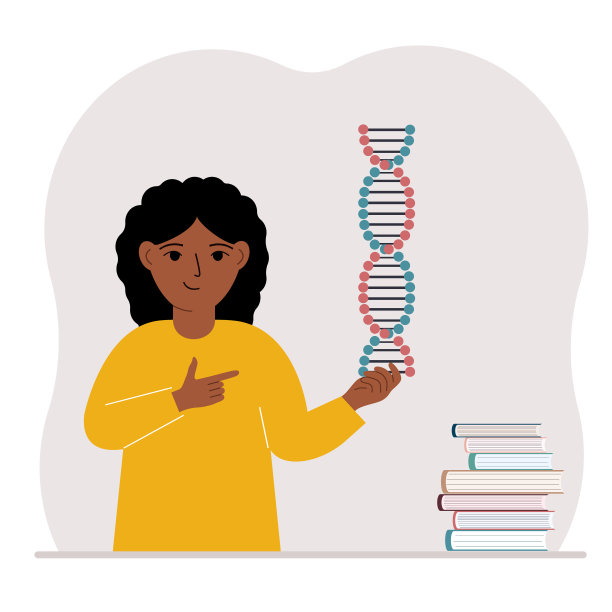 一个小女孩手里拿着一个DNA模型，旁边有很多书。图片下载