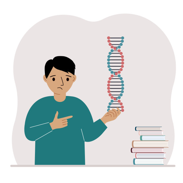 一个小男孩手里拿着一个DNA模型，旁边有很多书。图片下载