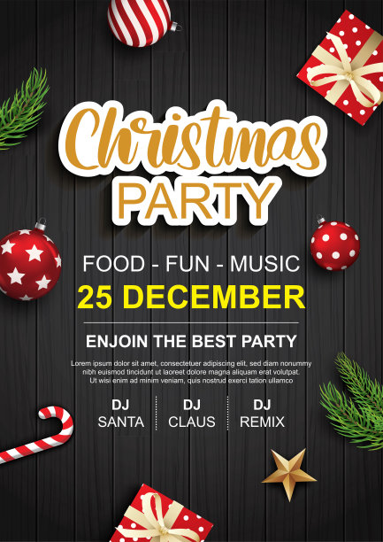 圣诞快乐派对玻璃球和礼盒传单宣传册设计上的木材背景邀请主题概念。节日祝福横幅和卡片模板。图片下载