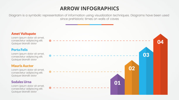 箭头风格的信息图表幻灯片演示模板与现代平面风格的颜色与4个箭头顶部方向的右侧图片下载