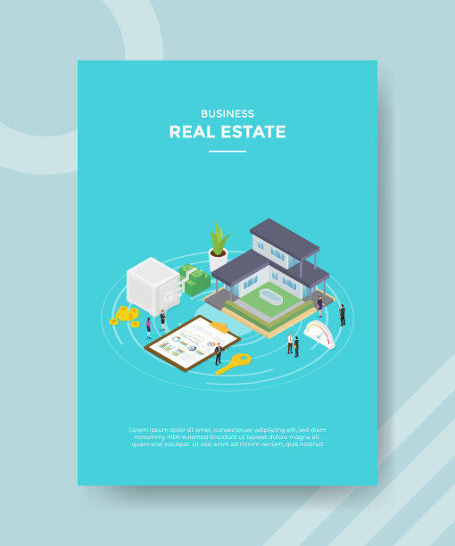房地产概念周围的人房子家剪贴板图表钥匙钱金库银行的横幅和传单模板印刷杂志封面和海报与等距风格图片下载