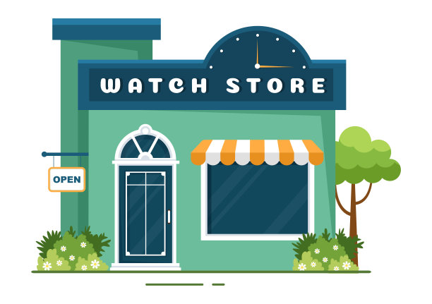 手表商店建筑，你买手表的各种型号，模拟和数字平面卡通手绘模板插图图片下载