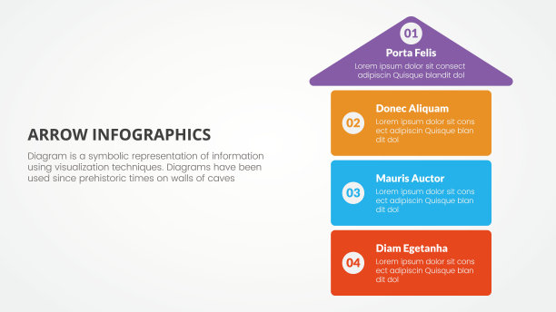 箭头风格的信息图表幻灯片演示模板与现代平面风格的颜色与4个箭头在右侧垂直图片下载