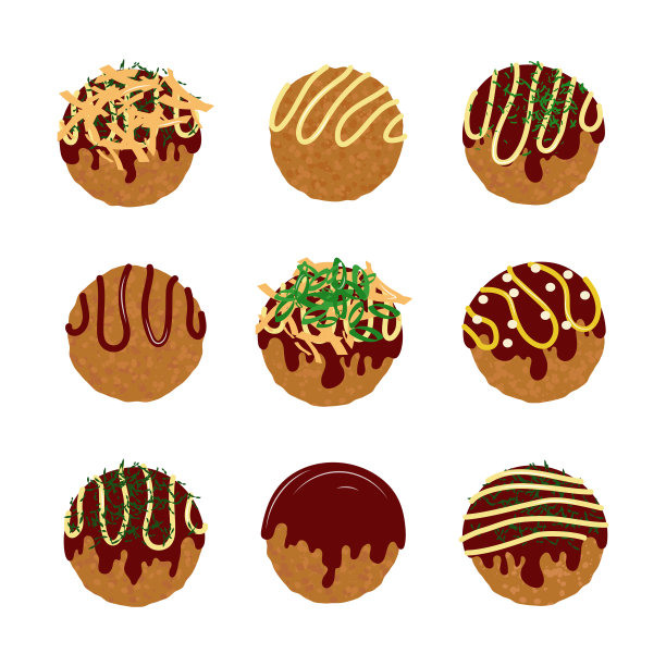 章鱼烧日本小吃集矢量插图孤立的白色图片下载