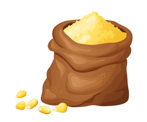 木碗中的玉米粉和谷物。健康的无麸质食品。有机产品中的粉末。白色背景上的矢量图图片下载