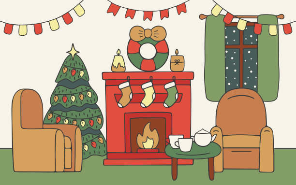 带壁炉和树的房子客厅，室内有装饰假日的家具。房子里有云杉、扶手椅和家用火。寒假卡片。矢量图图片下载