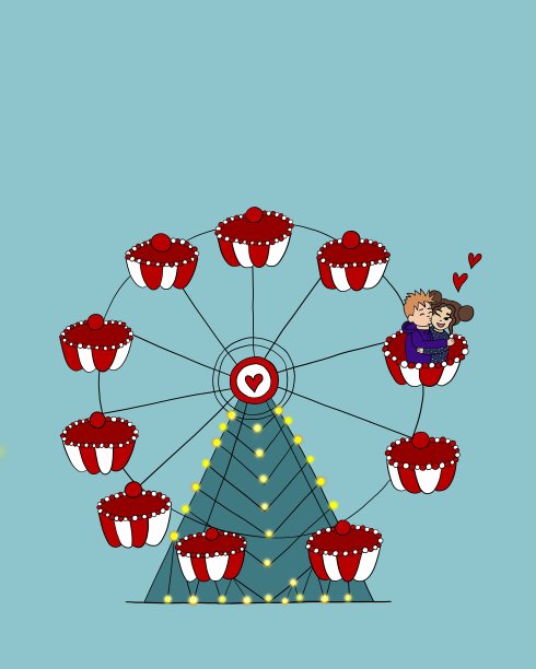 插图。卡通情侣坐在彩色摩天轮上，男孩吻了女孩的脸颊，女孩笑了。蓝色的背景，浪漫的氛围，情人节快乐图片下载