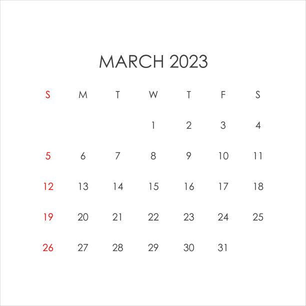 2023年3月的日历，简约风格。向量图片下载