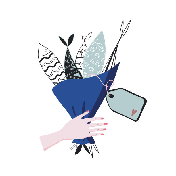 那只手拿着一束鱼和一个标签。男性的气味。鱼被收集成一束。书写标签。准备好了明信片。向量图片下载