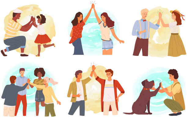 团队期间，同事们互相问候。人们互相击掌，手挽手站在一起图片下载