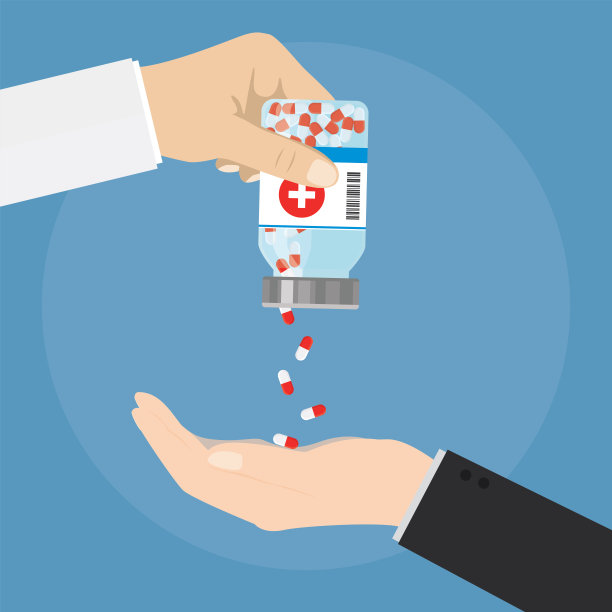 医护人员的卡通手拿着药瓶，在病人手中给药。医生开的药。治疗疾病的胶囊。塑料药瓶。制药、药物。图片下载