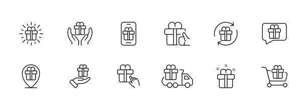 礼品套装图标。Present, delivery，购物车，presentation, restart, pointer, location, bounty, donate, order, pledge, holiday, new year, box with a bow, birthday。庆祝活动的概念。图片下载
