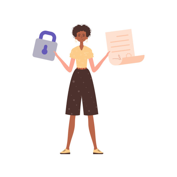 女人手里拿着合同或文件。数据保护概念。聪明的合同。现代潮流风格。图片下载