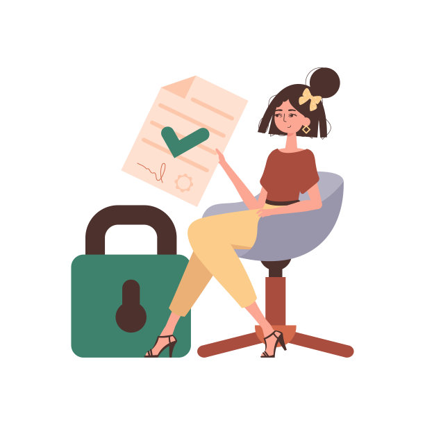 女孩坐在椅子上，手里拿着一份文件。聪明的合同。数据保护。现代风格的性格。图片下载