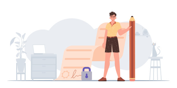 签订合同的概念。数据保护。那个人站在一份大文件旁边，手里拿着一支铅笔。图片下载