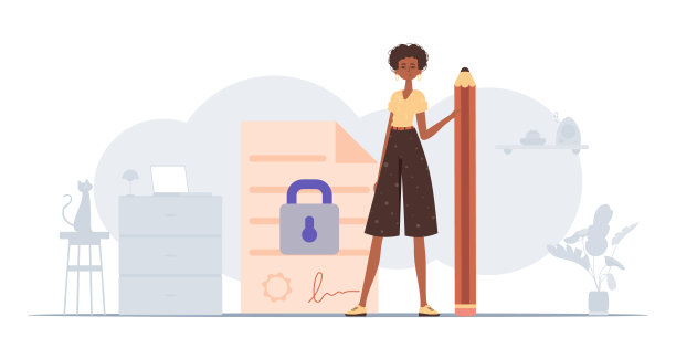 签订合同的概念。数据保护。一个女人站在一份大文件旁边，手里拿着一支铅笔。图片下载