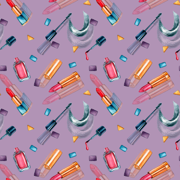 装饰化妆品水彩无缝图案在粉红色的背景。图片下载