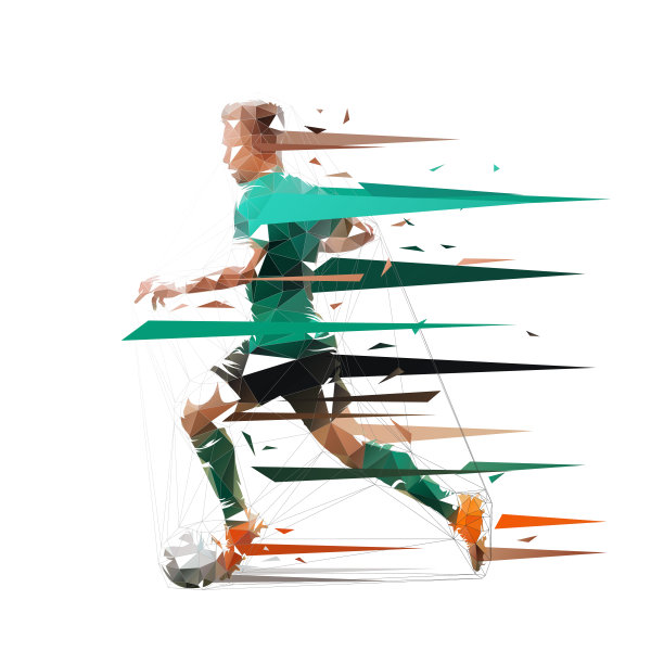 足球运动员在绿色球衣跑与球，侧面视图，孤立的低多边形矢量插图。足球图片下载