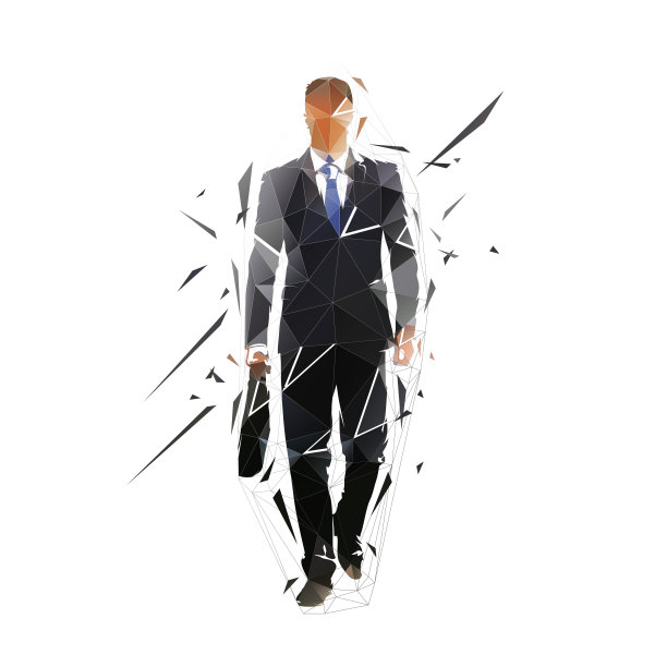 商人走在手里拿着公文包包，低多边形孤立矢量插图，几何图形从三角形，正面视图图片下载