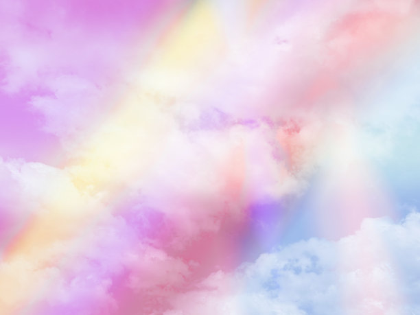 美丽甜美，粉红色，黄色，色彩鲜艳，天空上有蓬松的云。多色彩虹图像。抽象幻想生长光图片下载