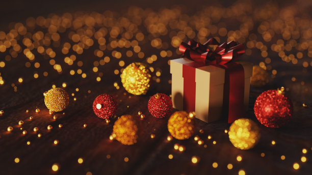 圣诞礼盒与散焦闪闪的黑色木制背景。三维渲染图片下载