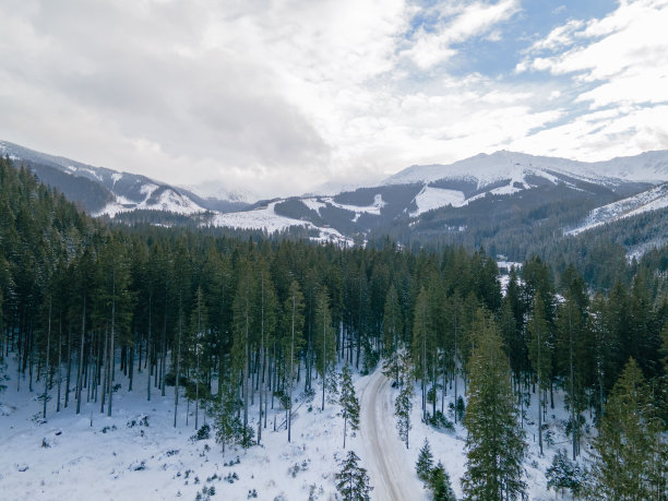 塔特拉山脉积雪道路的鸟瞰图图片下载