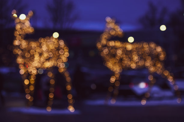 模糊的圣诞彩灯，在夜晚的雨鹿形状作为城市购物中心的装饰图片下载