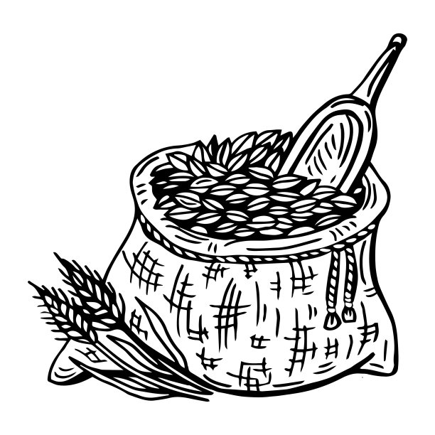 在白色背景上手绘出一整袋小麦粉和谷物。矢量图图片下载