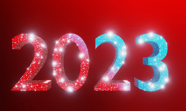 2023年新年。红色背景上彩色闪亮的2023数字图片下载