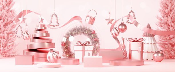 圣诞背景与讲台舞台平台在最小的新年活动主题。欢乐圣诞场景的产品展示模拟横幅。圣诞节冬季场景中的空台座装饰。3 d渲染。图片下载